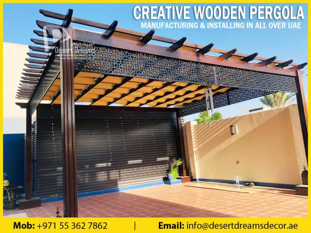 Walk way Area Pergola Uae | BBQ Pergola | Wall Attached Pergola Uae | Hardwood Pergola Dubai.