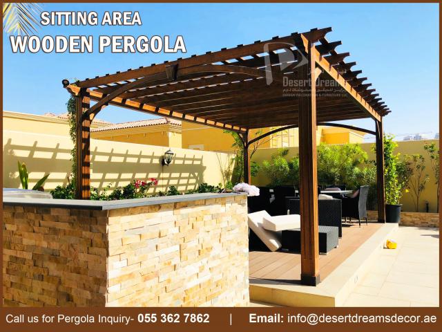 Walk way Area Pergola Uae | BBQ Pergola | Wall Attached Pergola Uae | Hardwood Pergola Dubai.