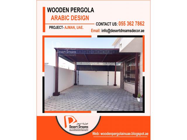 Seating area Pergola Dubai | Wall Attached Pergola Uae | Kids Play Area Pergola | Wooden Arbors Uae.
