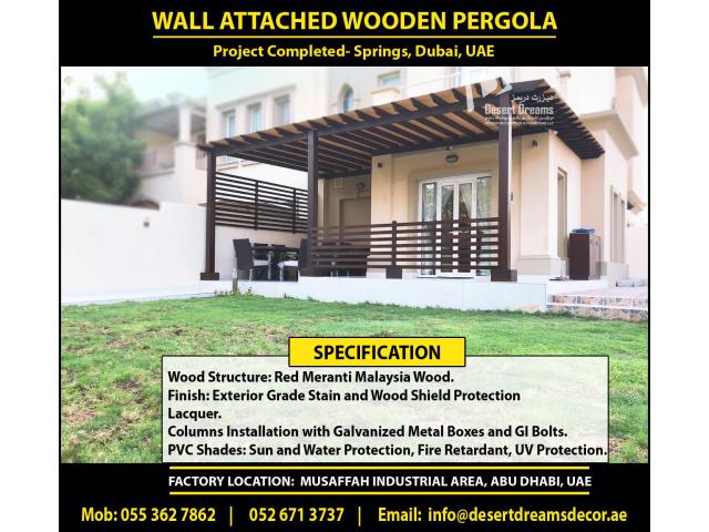 Wall Attached Pergola Dubai | Hardwood Pergola Uae | Soft Wood Pergola Uae | Villas Pergola Uae.