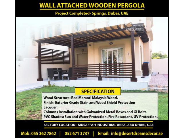 Wall Attached Pergola Uae | Seating Area Pergola | Meranti Wood Pergola | Teak Wood Pergola Uae.
