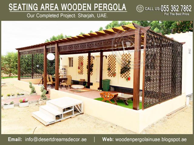 Seating Area Wooden Pergola | Glass Covered Pergola | Garden Pergola Uae.