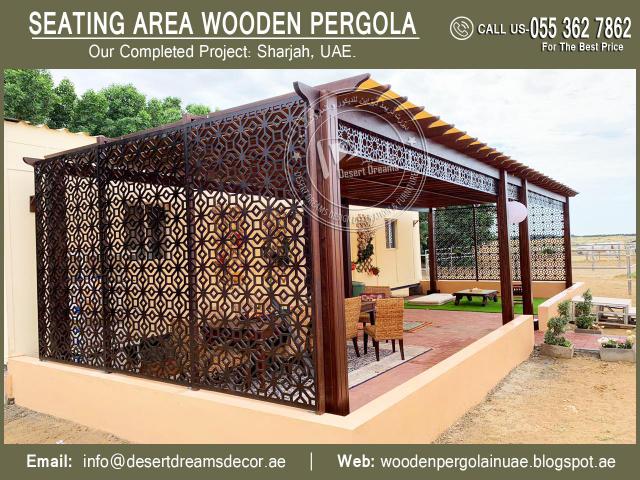 Seating Area Wooden Pergola | Glass Covered Pergola | Garden Pergola Uae.