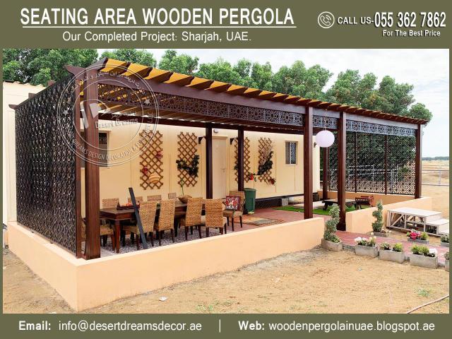 Seating Area Wooden Pergola | Glass Covered Pergola | Garden Pergola Uae.