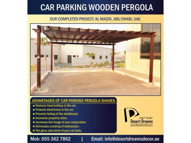 Car Parking Wooden Pergola in Abu Dhabi, UAE | Large Area Parking Shades Uae.