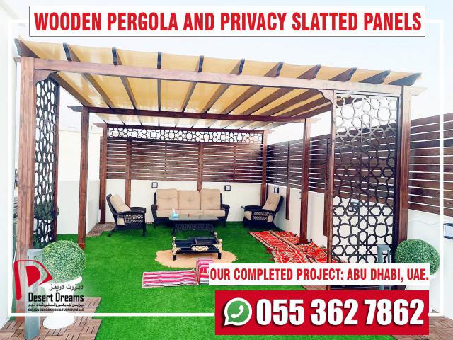 Wooden Slat Roof Pergola in Uae | Wall Attached Pergola | Pergola in Abu Dhabi.