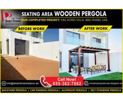 Wooden Pergola for Seating Area | PVC Shades Pergola | Desert Dreams Design and Decoration.