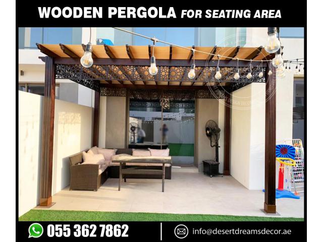 Wooden Pergola for Seating Area | PVC Shades Pergola | Desert Dreams Design and Decoration.