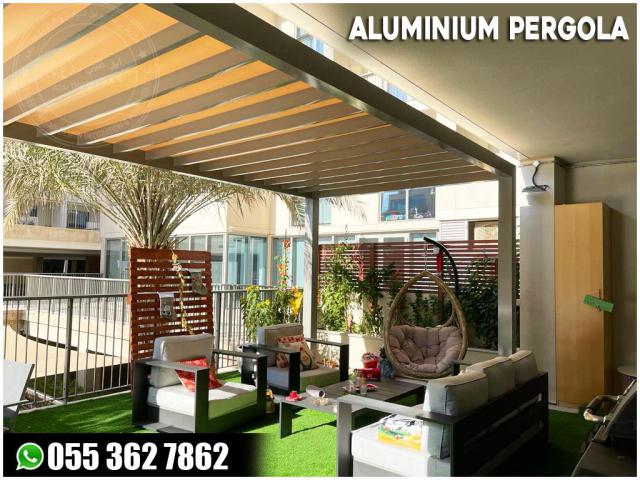 Aluminum Slats Roof Pergola in Uae | Sitting Area Aluminum Pergola Dubai.