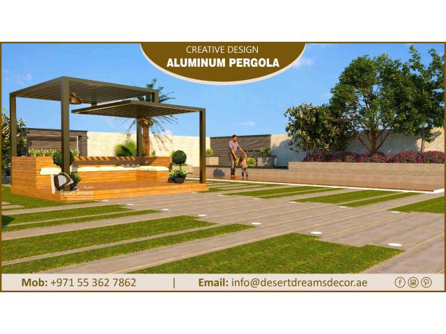 Wall Attached Aluminum Pergola | Sitting Area Aluminum Pergola Abu Dhabi | Yas Island Villas.