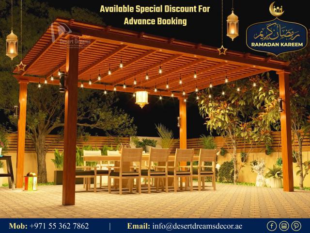 Garden Wooden Pergola in Abu Dhabi | Crafted with Red Meranti Malaysian Wood.