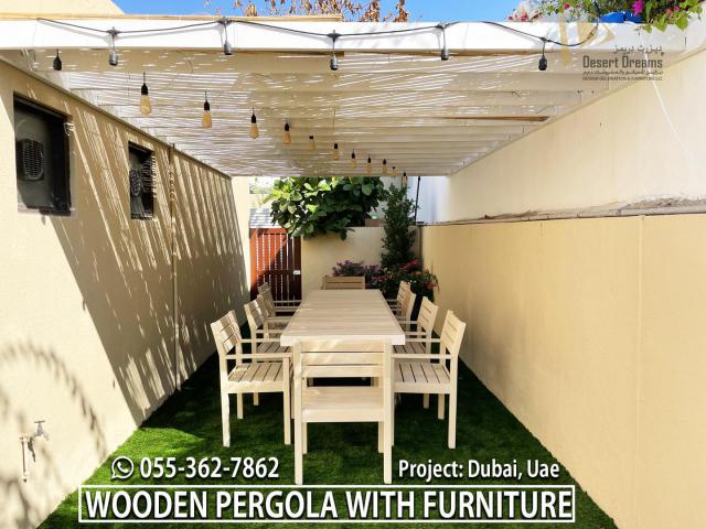 Wooden Pergola with Wooden Furniture in Uae | Outdoor Living Pergola Design Ideas in Uae.