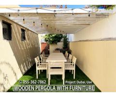Wooden Pergola with Wooden Furniture in Uae | Outdoor Living Pergola Design Ideas in Uae.
