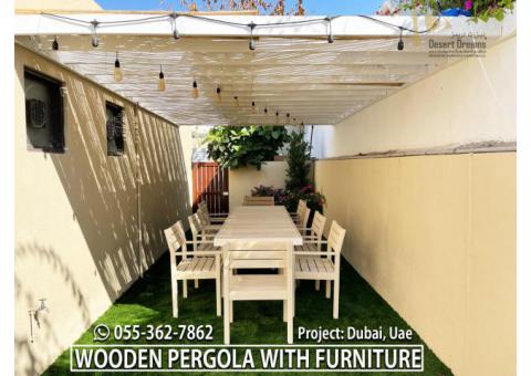 Sitting Area Wooden Pergola Uae | Wooden Furniture | Pergola Abu Dhabi.