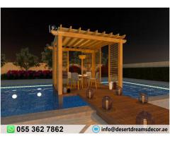 Sitting Area Wooden Pergola Uae | Wooden Furniture | Pergola Abu Dhabi.