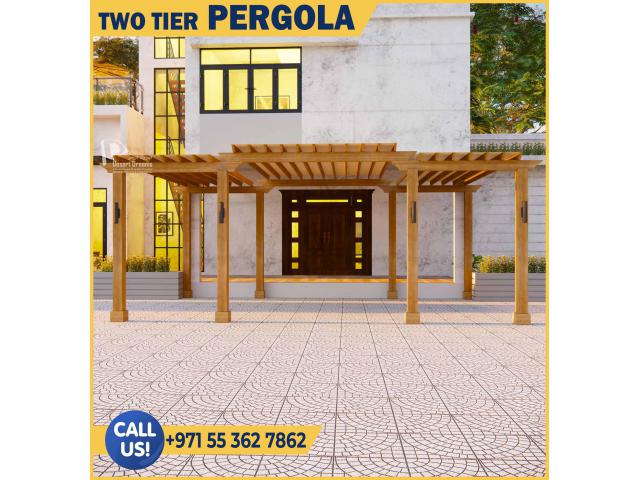 Solid Wood Pergola Dubai | 2 Tier Wooden Pergola | Restaurant Pergola Uae.
