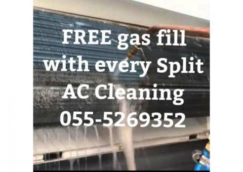 split ac clean with free gas fill 055-5269352 maintenance repair fcu chiller service uae cooling