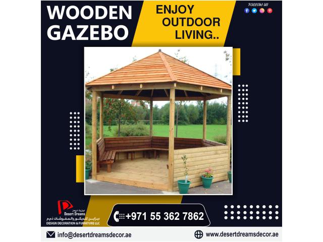 Sitting Area Wooden Gazebo | Octagon Gazebo | Hexagon Shape Gazebo Uae.