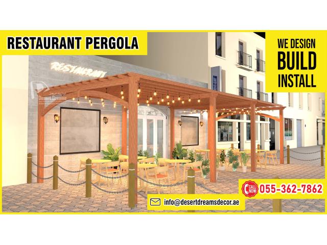 Restaurant Sitting Area Wooden Pergola | Kids Play Area Pergola | Outdoor Pergola Dubai.