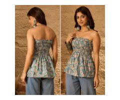 Steel Blue Floral Off shoulder Top